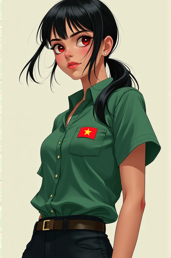 Draw a dynamic 18 year old girl She is wearing a green shirt on the left with a small Vietnamese flag on the chest and a pair of light black pants and red eyes and a ponytail, light black hair