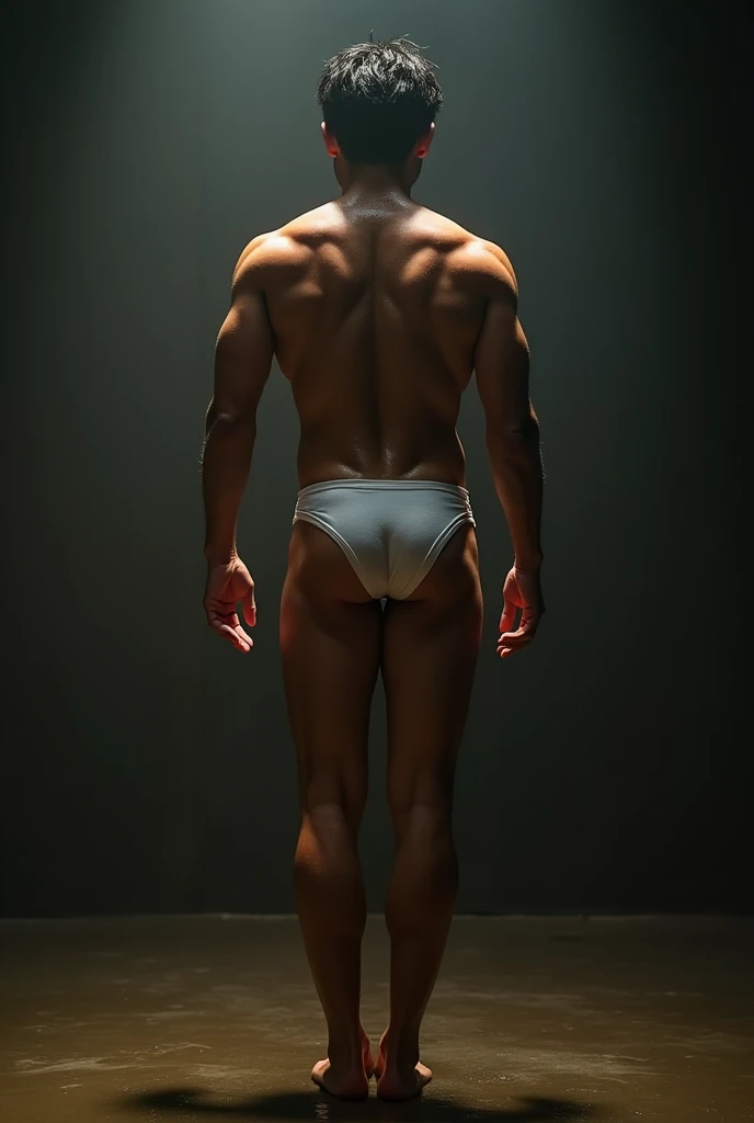 a handsome Asian man, he is wearing a springy white tank top, wet, standing on his back showing his ass, dramatic lighting, hyper-realistic, 8k, high quality, intricate details, cinematic composition, glowing skin, dramatic atmosphere, moody lighting,standing on his back showing his ass with a bit open legs,standing on his back showing his ass