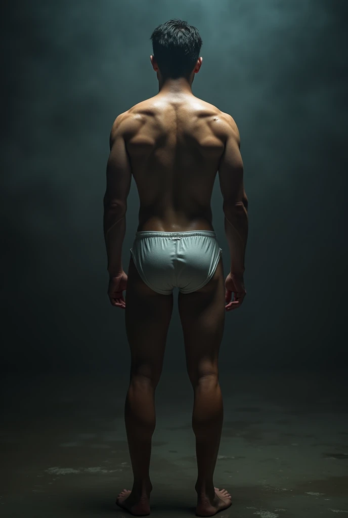 a handsome Asian man, he is wearing a springy white tank top, wet, standing on his back showing his ass, dramatic lighting, hyper-realistic, 8k, high quality, intricate details, cinematic composition, glowing skin, dramatic atmosphere, moody lighting,standing on his back showing his ass with a bit open legs,standing on his back showing his ass