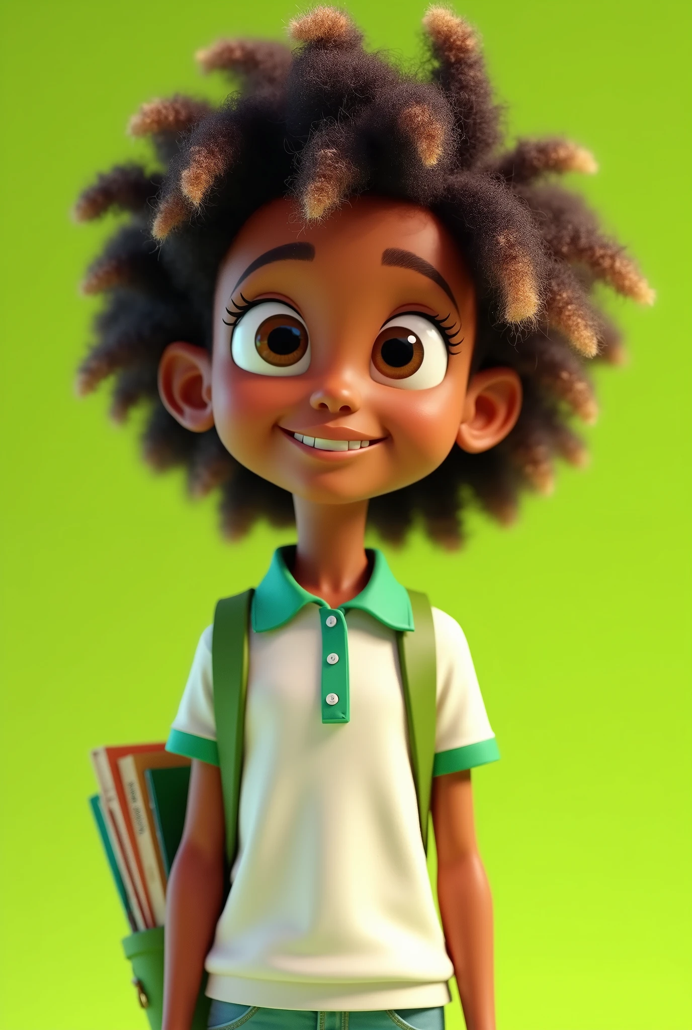 create a pixar style 3D cartoon image of a mulatto girl , with a white polo shirt with green sleeve tips and collar, with curly hair with lighter ends and a backpack holding some books on a lime green background