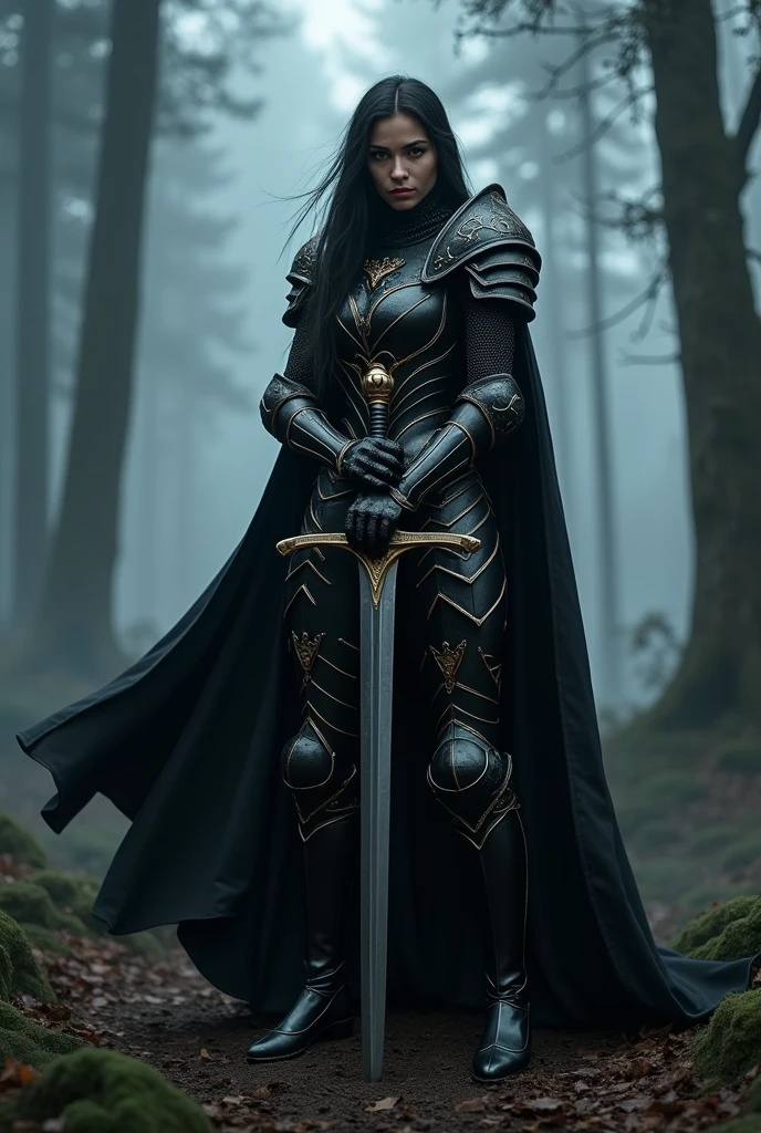 Black female Knight,female Knight in black armor,Stab the two-handed sword into the ground,Hold the hilt of the sword with both hands,Black Cape,Otherworldly Armor,Gold color line,Night Forest,fog,Cloak fluttering in the wind,(Wear a black robe over your armor)