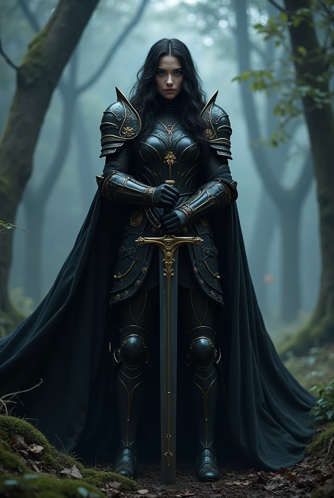 Black female Knight,female Knight in black armor,Stab the two-handed sword into the ground,Hold the hilt of the sword with both hands,Black Cape,Otherworldly Armor,Gold color line,Night Forest,fog,Cloak fluttering in the wind,(Wear a black robe over your armor)