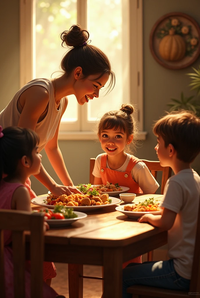 The dancer tells a story to her children at the table, eating more animatedly
