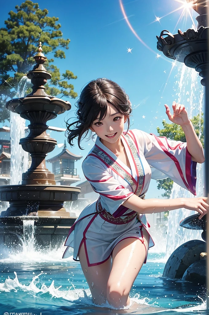 anime style, super fine illustration, highly detailed, dynamic angle, beautiful detailed, 8k, Japanese clothing young girl, about , playing in a fountain with their clothes on, on a summer afternoon; the Japanese clothing young girl, about , are smiling and the water splashes are sparkling (sparkle: 1.5). BREAK The bright sunlight reflects off the fountain, creating a lively atmosphere.