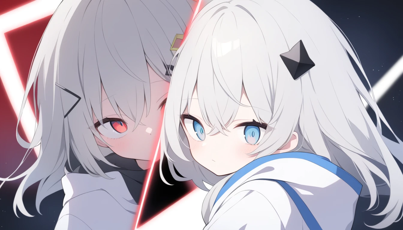 Thin gray hair　Red light in blue eyes　Widely opened eyes　looking at the camera　White hoodie　Blue and black line pattern　White hoodie with black and blue lines　Diamond-shaped hair ornament　A yellow triangle below half of the hair ornament　　Jagged black hole on the outside of the hood　Black triangle on the hood２t　２０age