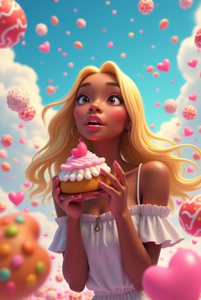 a 22 year old woman, black, hair blonde,smooth ass, loose hair,bright and dark brown eyes, fine nose, peso78kg, eating cake,
in the background the sky, with lots of sweets falling, written sweet heaven,disney pixAr