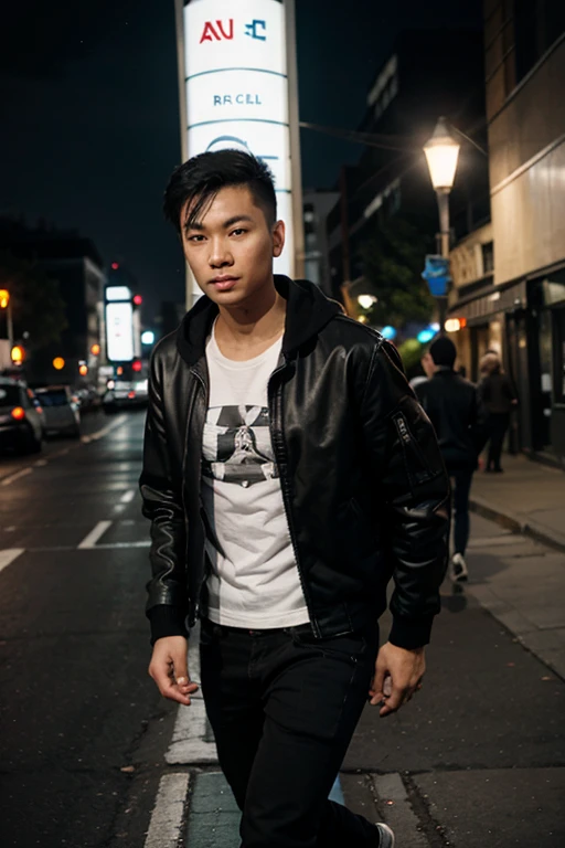 Young skinny asian man with neat short hair combed side, wearing black tshirt, leather jacket bomber with hoodie, black jeans and white sneakers. Walking on sidewalk, dramatical street lamp light, with misterious misty night cityscape, other Pedestrian is walk by at the distance. Other Pedestrians move make a motion blur effect, but high detail on main subject