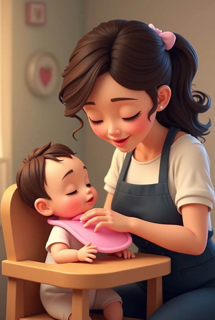 animated mom with a dark brown wavy hair wearing a white shirt and a dark blue apron gently put a pink colored drool bib to her  sitting in a brown high chair