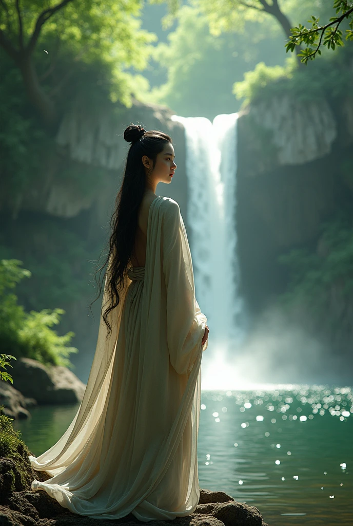 Watching people living in ancient China during the Tang Dynasty, a beautiful young woman without makeup, her hair down, not tied up, wearing a hunter's outfit, walking in the dense forest to find herbs, increasing the angle, she stops at a waterfall, takes off all her clothes, standing by the pond.