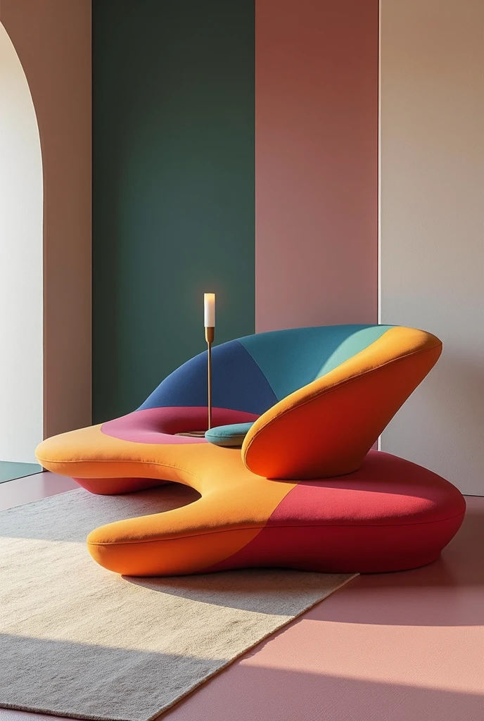 I need you to design a very modern seating furniture with vibrant colors., Abstract expressionism, motion lines, accurate, award winning