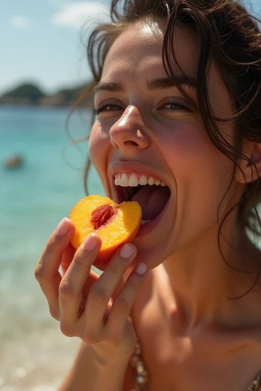 A very beautiful Greek woman in her 30s、Looking straight ahead、With an erotic and ecstatic look、Looks delicious、is eating a peeled peach with his mouth wide open。Background、Famous Greek tourist spots please。There are five fingers on one hand。9:In 16 sizes、Highest quality、A masterpiece please。