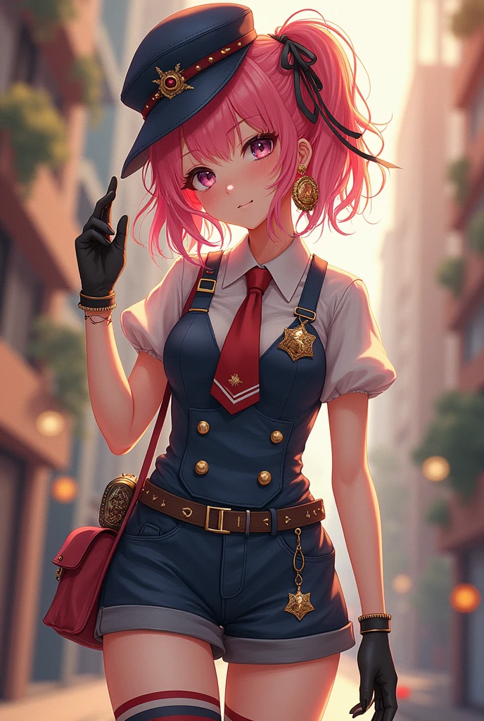 Anime full body woman, weird looking, stripey stockings, weird hat, gloves, warm colors, perdect face, hair accessories, colorful, shorts, accessories, official work suit