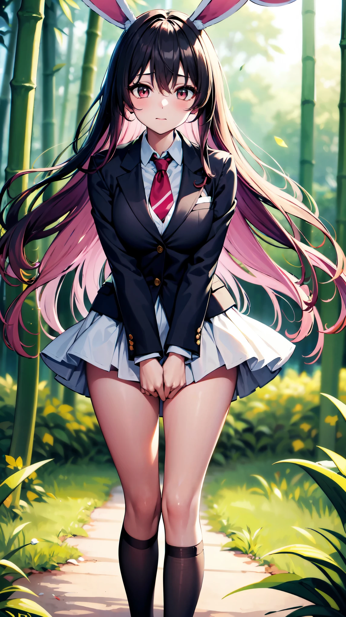 （（super high quality,Ultra-high resolution,16K,super masterpiece,Ultra HD,Ultra high definition,））One high school girl,White bunny ears,Very long straight purple hair,Slender body,Black blazer,White dress shirt,No.２I'm even removing the button,red long tie,Pink mini skirt,White socks,Looks at me so shyly,Leaning forward greatly,Hands tucked between the crotches,Bamboo forest in the morning sun,A strong wind is blowing,The wind messes up my hair and skirt,