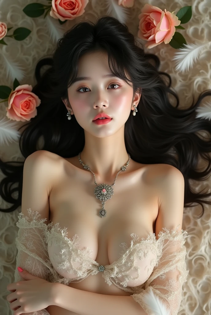 Portrait of a beautiful young Japanese woman、One Girl、18-year-old、alone、(The whole body is projected)、(She wraps her naked body )、(Shooting from above:1.2)、(Lie down)、(Sensual World)、Beautiful and sexy、Embarrassed face、Ecstatic expression、Beautiful Face、(Photorealistic)、Detailed facial depiction、Shortcuts、Black Hair、(Small breasts:1.2)、Moisturized Skin、jewelry、Countless flowers and feathers、Romantic atmosphere、(Soft Focus)、(Bokeh:1.2)、(Soft Landing)、(Fractal Art)、(Alphonse Mucha Style)、Artistic photography、(Highest quality, masterpiece, High resolution)、8k、wallpaper、