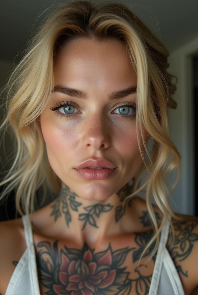 selfie, clin d'œil, jolie femme au visage de bébé, expression attrayante et séduisante, Timide, Cheveux blonds raides, front, se maquiller, yeux bleus, proportion corporelle superlative, couvert de tatouages, portant une chemise en tricot ample, pantalon en cuir moulant, Bottes d'ingénieur, Artistique, Hyper, art numérique graphique CG