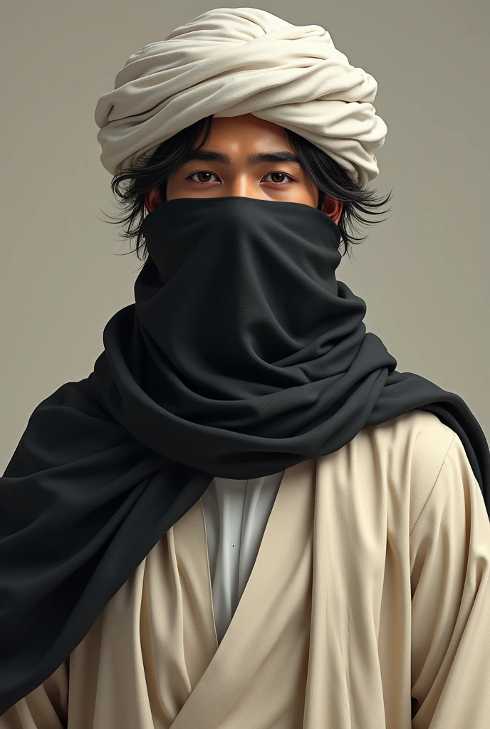 (photorealism:1.2), A man in his twenties. He has a white Islamic turban on his head. wearing a cream colored Islamic robe. wearing a black veil covering her face. her hair is messy. realistic animation drawing.