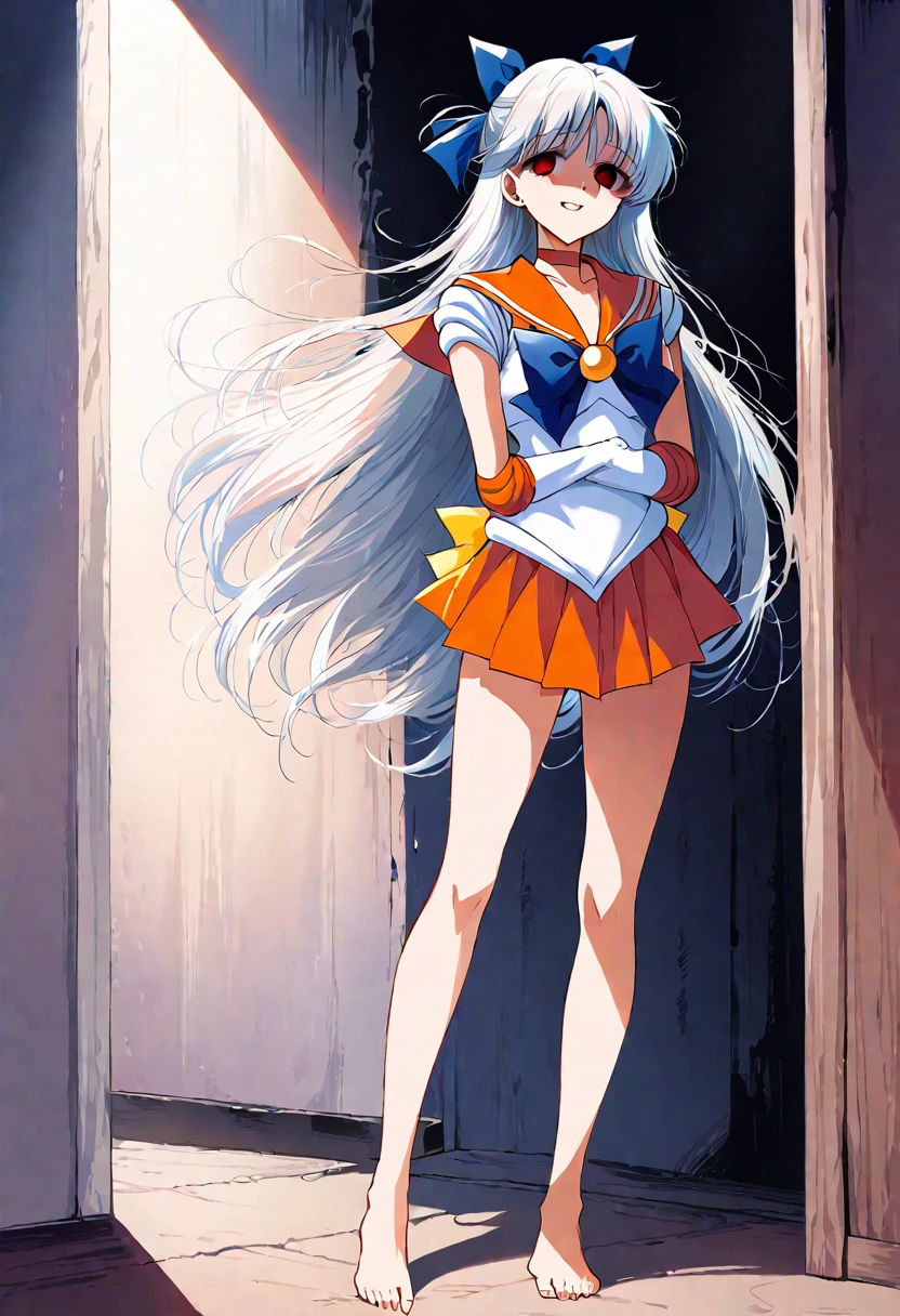 (masterpiece, Highest quality, so beautiful, Very detailed), Intricate details, 12k, Honestly,Awe-inspiring, Long Hair, Blonde, Hair Ribbon, tiara, Earrings, blue eyes, Orange Choker, Orange sailor collar, Blue ribbon, White shirt, Elbow hand pockets, White gloves, Pleated skirt, Orange Skirt, barefoot, Are standing, Cowboy Shot,,(Wicked Smile:1.2), One person,(Silver Hair:1.4),(empty eyes,:1.4),From below,Watching the dawn,Dark aura,View your audience,(red eyes:1.2),full body,