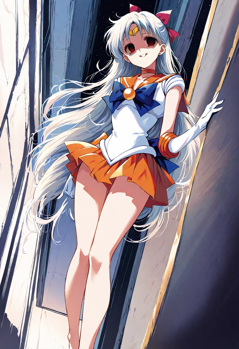 (masterpiece, Highest quality, so beautiful, Very detailed), Intricate details, 12k, Honestly,Awe-inspiring, Long Hair, Blonde, Hair Ribbon, tiara, Earrings, blue eyes, Orange Choker, Orange sailor collar, Blue ribbon, White shirt, Elbow hand pockets, White gloves, Pleated skirt, Orange Skirt, barefoot, Are standing, Cowboy Shot,,(Wicked Smile:1.2), One person,(Silver Hair:1.4),(empty eyes,:1.4),From below,Watching the dawn,Dark aura,View your audience,(red eyes:1.2),full body,