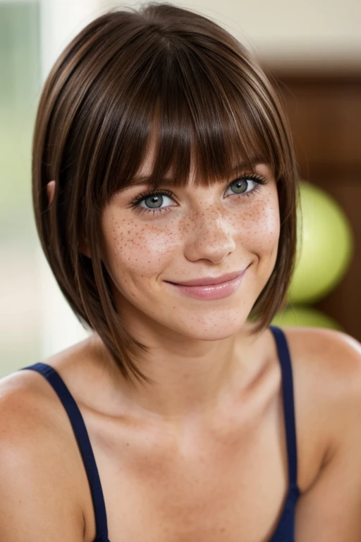 Brunette, dimples, freckles, bangs, blushing, high quality, high detail