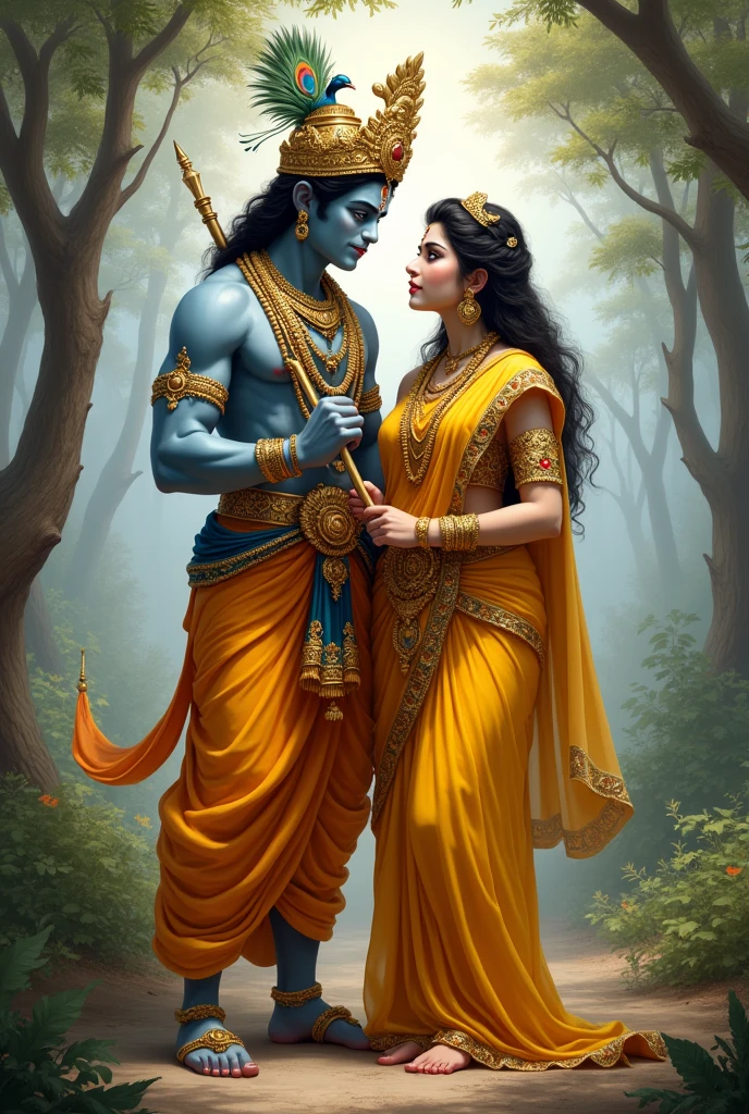 A Hindu adult and muscular god Shri Krishna holding a flute in his hands standing near his beloved Hindu goddess Shri Radha Rani wearing a peacock crown on his head and waring yellow colour pitambari