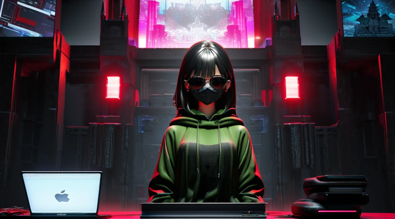 A stunning render illustration of a young, confident woman exuding intelligence and style black face mask, a green hoodie wearing a black sunglasses  . he is sitting behind his MacBook in his office, . It is night. The room has volumetric red lighting. He is front facing to the camera, looking straight and centered, central portrait, sitting straight, front view, centered looking straight.. he has stylish hair. and he wear a black sunglasses which cover her eyes .cascading down her shoulders. The cozy, intimate background showcases a gaming lover, including a prominent fortress or castle. This vibrant space is a reflection of her unique personality and interests, creating an inviting atmosphere., 3d render, illustration