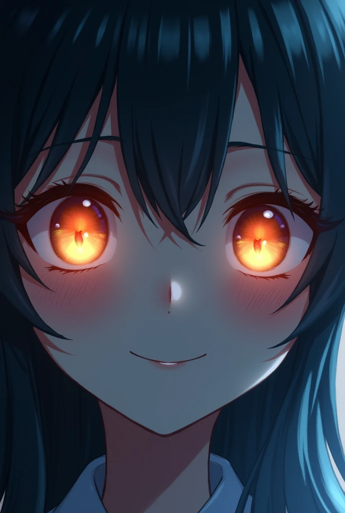 the eyes are the lamp of the body. Two pacific eyes with a little flame inside in both iris of them.The caracter is smiling
