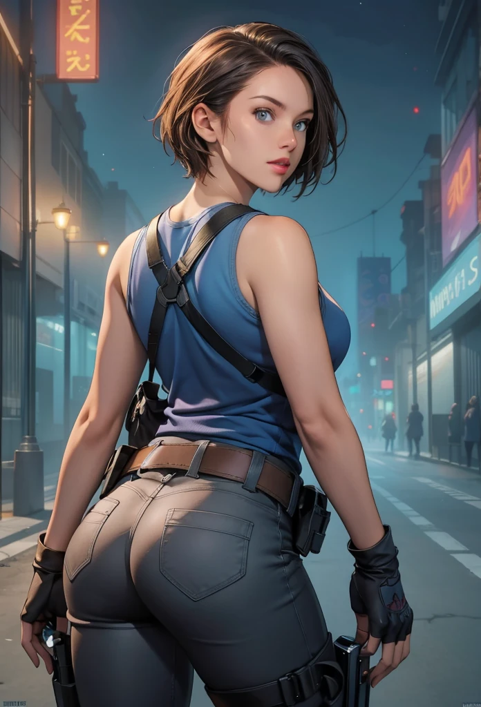 perfect eyes:1.2, detailed eyes:1.4, zotovalentine, serious, blue shirt, short hair, chestnut hair, blue eyes, gloves, jewelry, black gloves, belt, pants, fingerless gloves, lips, gun, tank top, holster, thigh holster, cowboy shot, 1girl, solo, (masterpiece:1.6, best quality), 8k, insane details, intricate details, hyperdetailed, hyper quality, high detail, ultra detailed, professional, HDR, ray tracing reflection, cinematic lighting,