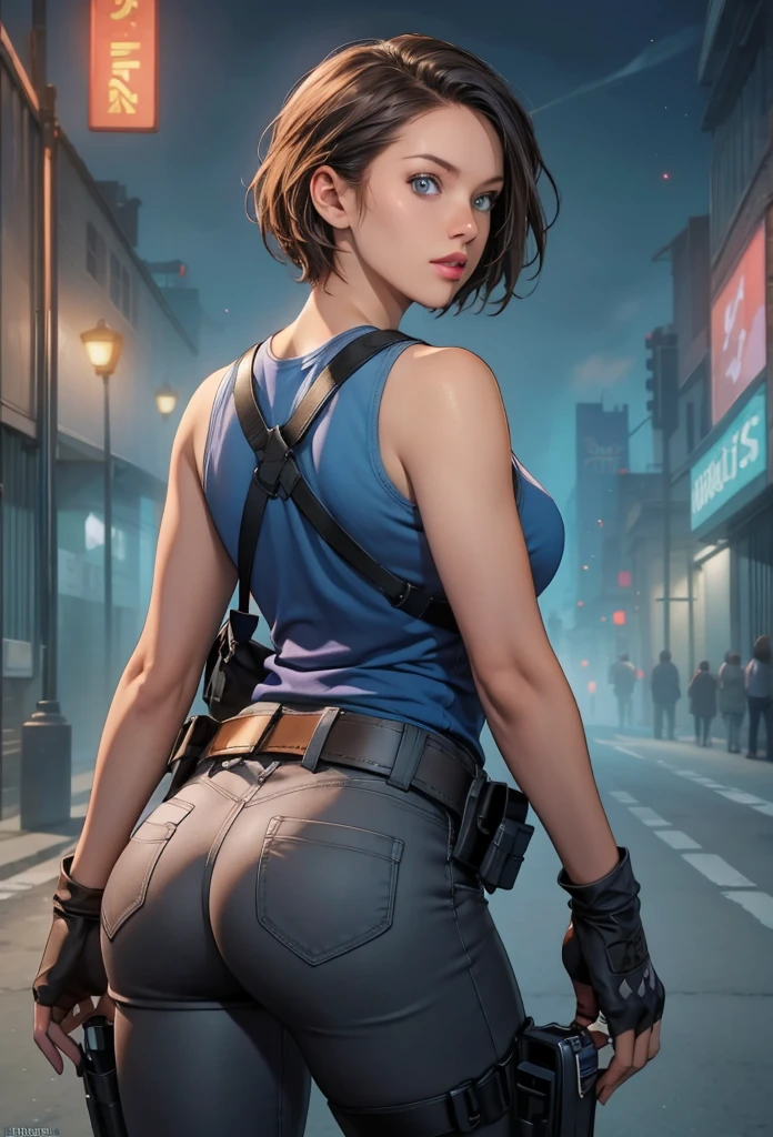 perfect eyes:1.2, detailed eyes:1.4, zotovalentine, serious, blue shirt, short hair, chestnut hair, blue eyes, gloves, jewelry, black gloves, belt, pants, fingerless gloves, lips, gun, tank top, holster, thigh holster, cowboy shot, 1girl, solo, (masterpiece:1.6, best quality), 8k, insane details, intricate details, hyperdetailed, hyper quality, high detail, ultra detailed, professional, HDR, ray tracing reflection, cinematic lighting,