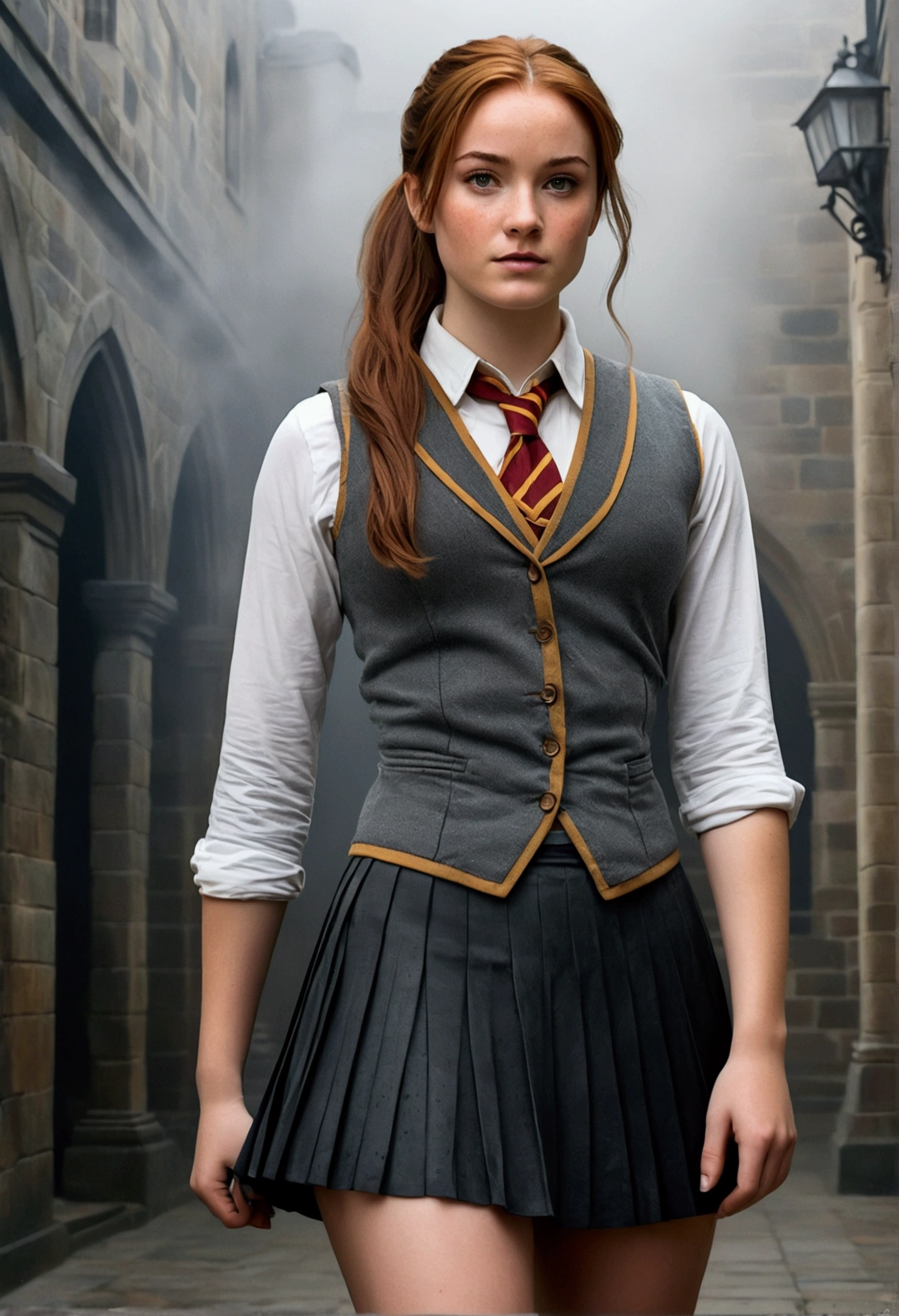 An illustrated movie poster, hand-drawn, full color, a female Hogwarts student, 1, wearing a charcoal vest and a pleated skirt, tall, toned, amazonian stature, athletic hourglass figure, full wide hips, massive round butt, long shapely legs, ridiculously thick powerful thighs, hazel eyes, deep dark auburn hair, messy ponytail, flushed sun-kissed complexion, freckles, resembles Genevieve O'Reilly, standing in a foggy Hogwarts courtyard, surrounded by mist, graphite shading, stencil marks, airbrushed acrylic paint, masterpiece, in the Deathly Hallows 