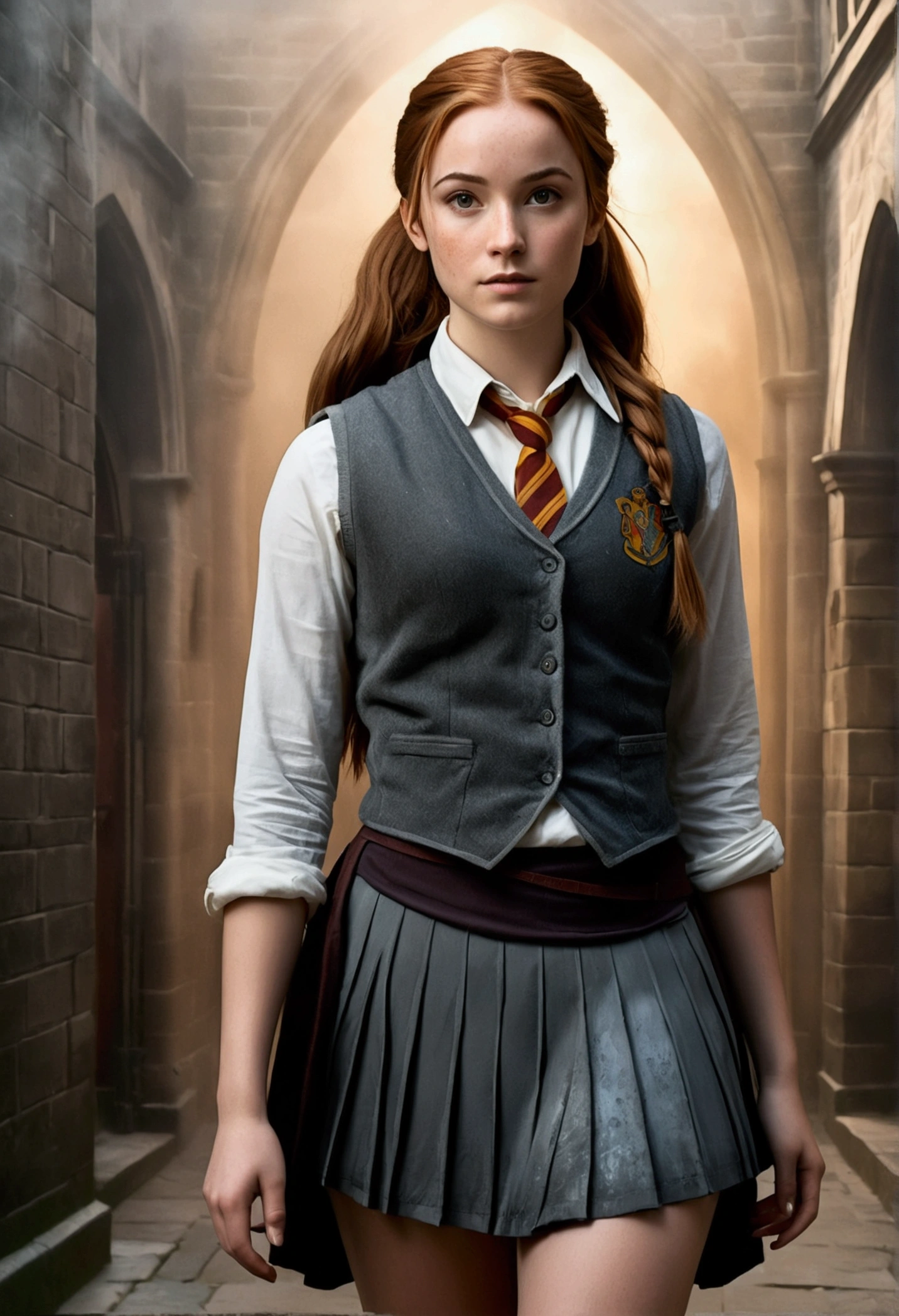 An illustrated movie poster, hand-drawn, full color, a female Hogwarts student, 1, wearing a charcoal vest and a pleated skirt, tall, toned, amazonian stature, athletic hourglass figure, full wide hips, massive round butt, long shapely legs, ridiculously thick powerful thighs, hazel eyes, deep dark auburn hair, messy ponytail, flushed sun-kissed complexion, freckles, resembles Genevieve O'Reilly, standing in a foggy Hogwarts courtyard, surrounded by mist, graphite shading, stencil marks, airbrushed acrylic paint, masterpiece, in the Deathly Hallows