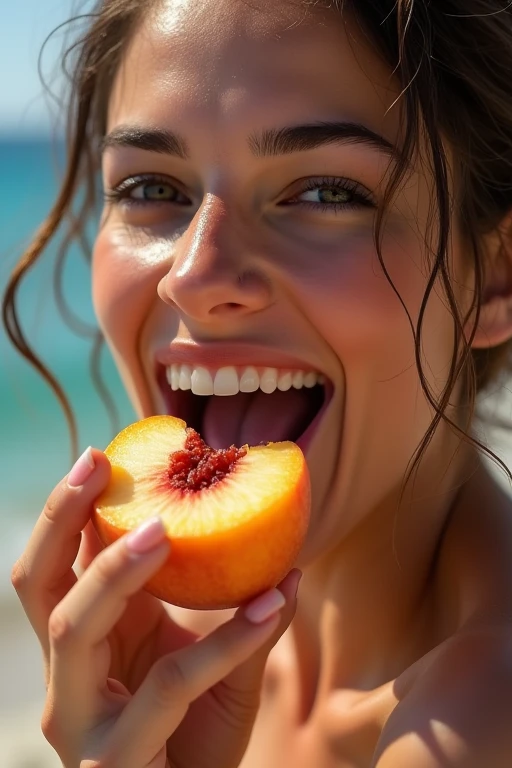 A very beautiful Greek woman in her 30s、Looking straight ahead、With an erotic and ecstatic look、Looks delicious、is eating a peeled peach with his mouth wide open。Background、Famous Greek tourist spots please。There are five fingers on one hand。9:In 16 sizes、Highest quality、A masterpiece please。