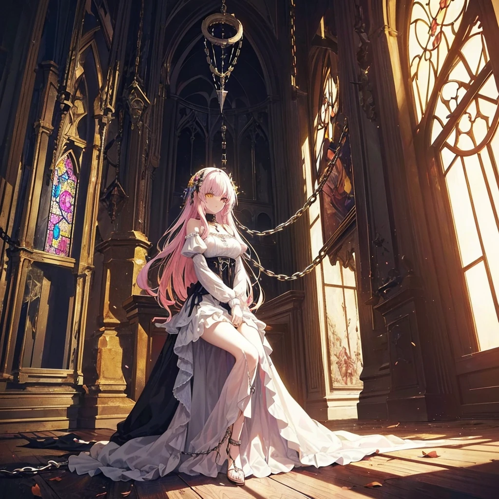 (Withered Flowers), ((masterpiece)) ((Highest quality)), Official Art, beautifully、aesthetic: 1.2), (1 female), Very detailed, colorful, Long white pink hair, Yellow Eyes. Asymmetrical dress. Dark Cathedral. Stained Glass Art. ((Chained to a room)) ((put on chains)) Sitting on knees.