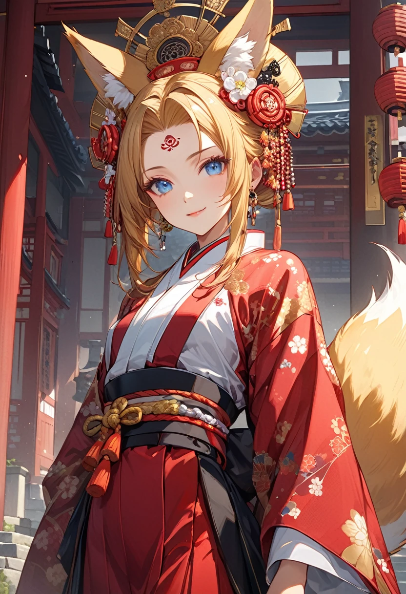 Ink painting, (((1 girl))), (((Tattoo in the middle of the forehead))),(((In the background is the Akatsuki moon))), (((Oiran))), (((Great hair accessories))), Demon possession, ((Masterpiece:1.2)), ((Highest quality)), Extremely detailed and delicate illustration style, Detailed leather texture, Detailed canvas texture, Very detailed description, (Masterpiece T), Extremely beautiful illustration, Highly detailed face, Raw image, professional, Ultra-high resolution panel, Complex details, Superior detail, Intricate decoration details, Perfect anatomy, real, (Very beautiful and cute golden fox woman or girl with blue eyes wearing a kimono), ((Beautiful golden fox ears)), (Beautiful golden fox tail), (Beautiful shiny golden hair), (Beautiful and clear blue eyes), (Beautiful detailed eyes:1.6), ((Japanese temple priestess style: 1.7)), (Traditional tailored outfit), Front view, White flower kimono, Long red hakama skirt, A maxi skirt, Modestly dressed, He smiles, ((Standing and looking at me)), ((The day)), (Extremely detailed and beautiful Japanese temple construction), (8K Highest quality wallpaper), (Extremely detailed and delicate background)