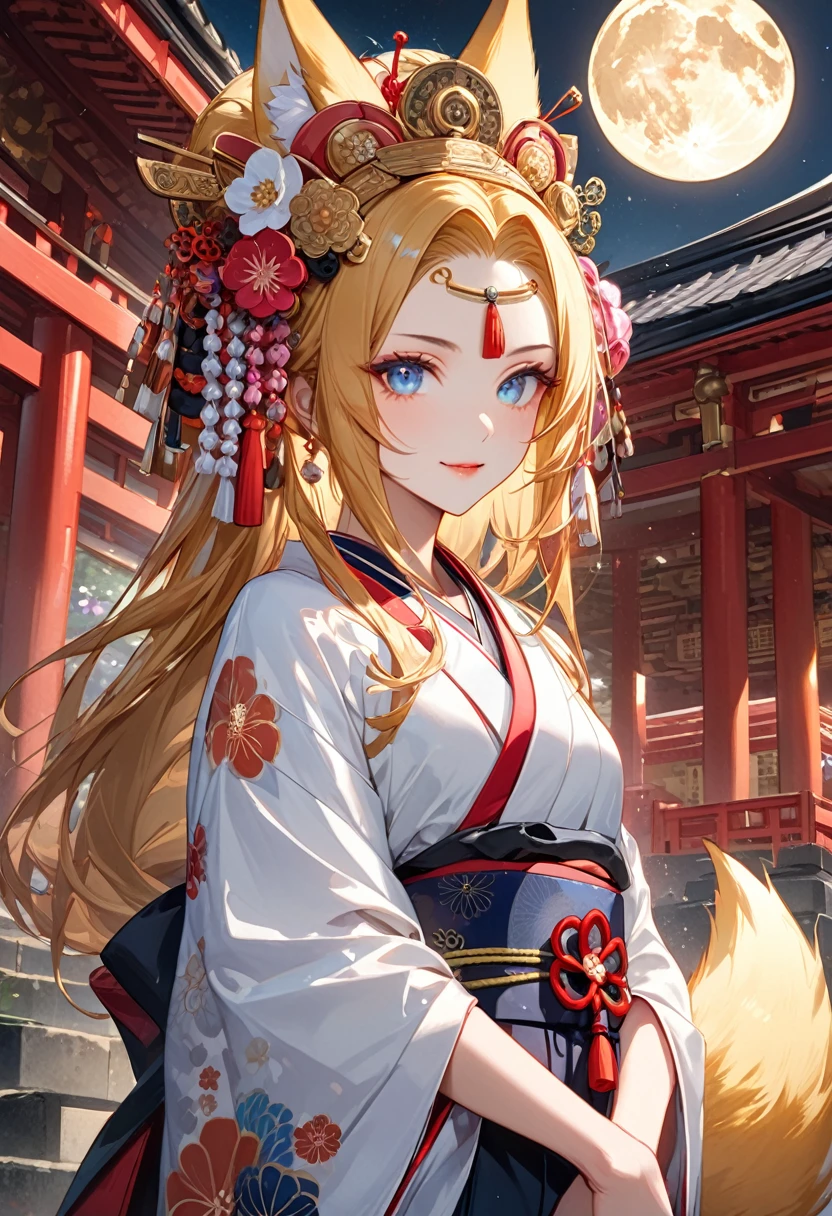 Ink painting, (((1 girl))), (((Tattoo in the middle of the forehead))),(((In the background is the Akatsuki moon))), (((Oiran))), (((Great hair accessories))), Demon possession, ((Masterpiece:1.2)), ((Highest quality)), Extremely detailed and delicate illustration style, Detailed leather texture, Detailed canvas texture, Very detailed description, (Masterpiece T), Extremely beautiful illustration, Highly detailed face, Raw image, professional, Ultra-high resolution panel, Complex details, Superior detail, Intricate decoration details, Perfect anatomy, real, (Very beautiful and cute golden fox woman or girl with blue eyes wearing a kimono), ((Beautiful golden fox ears)), (Beautiful golden fox tail), (Beautiful shiny golden hair), (Beautiful and clear blue eyes), (Beautiful detailed eyes:1.6), ((Japanese temple priestess style: 1.7)), (Traditional tailored outfit), Front view, White flower kimono, Long red hakama skirt, A maxi skirt, Modestly dressed, He smiles, ((Standing and looking at me)), ((The day)), (Extremely detailed and beautiful Japanese temple construction), (8K Highest quality wallpaper), (Extremely detailed and delicate background)