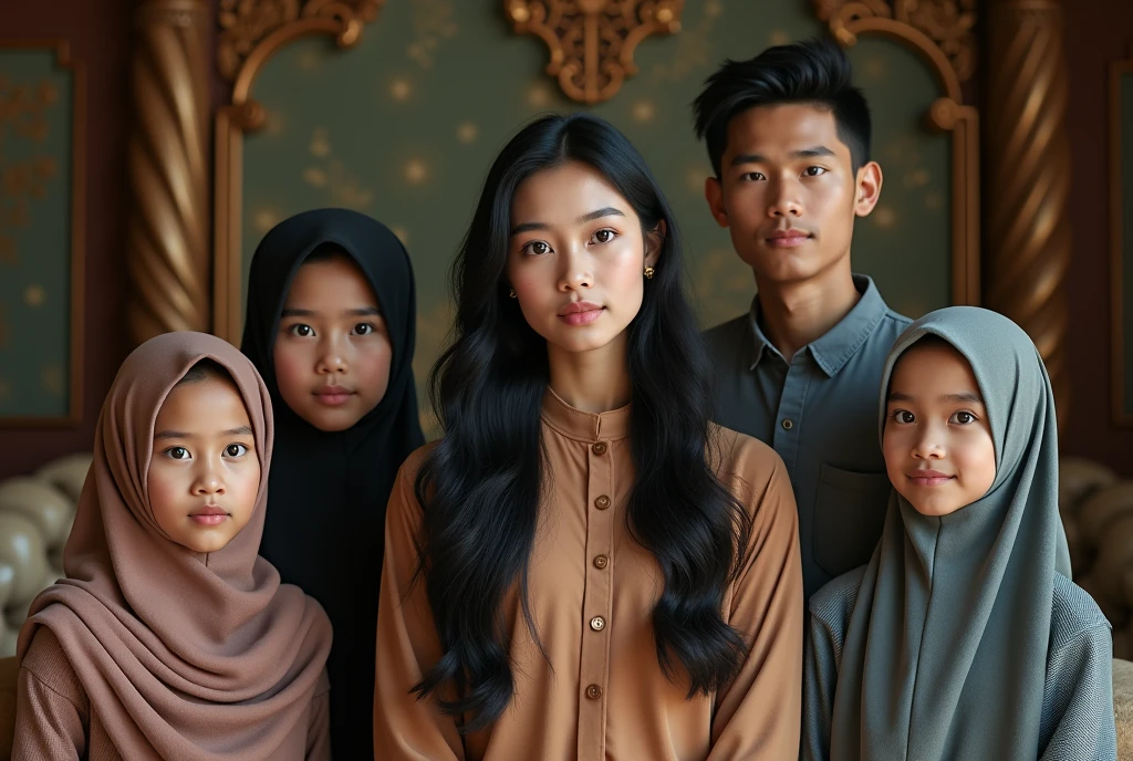 Portrait of indonesian family, one mom with long black hair, two hijab daughters, and two  sons, realistic photograpy, decorative indoor studio,  cinematic, hyper realistic, super detail, HD 8K. 