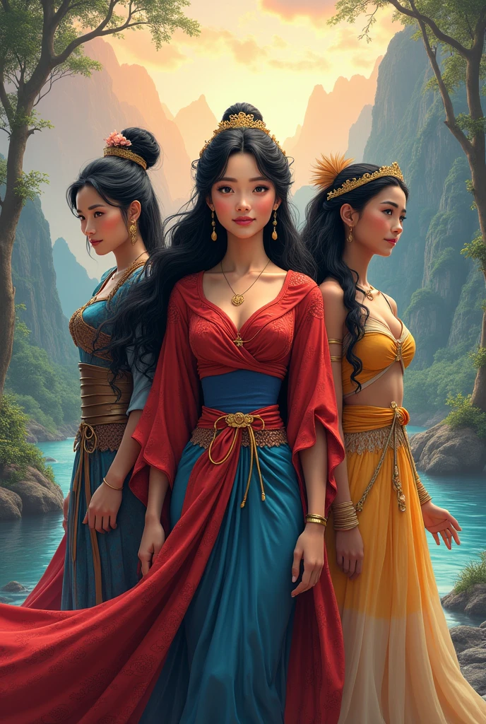 Make a character front together with princess mulan, princess belle and princess pocahontas