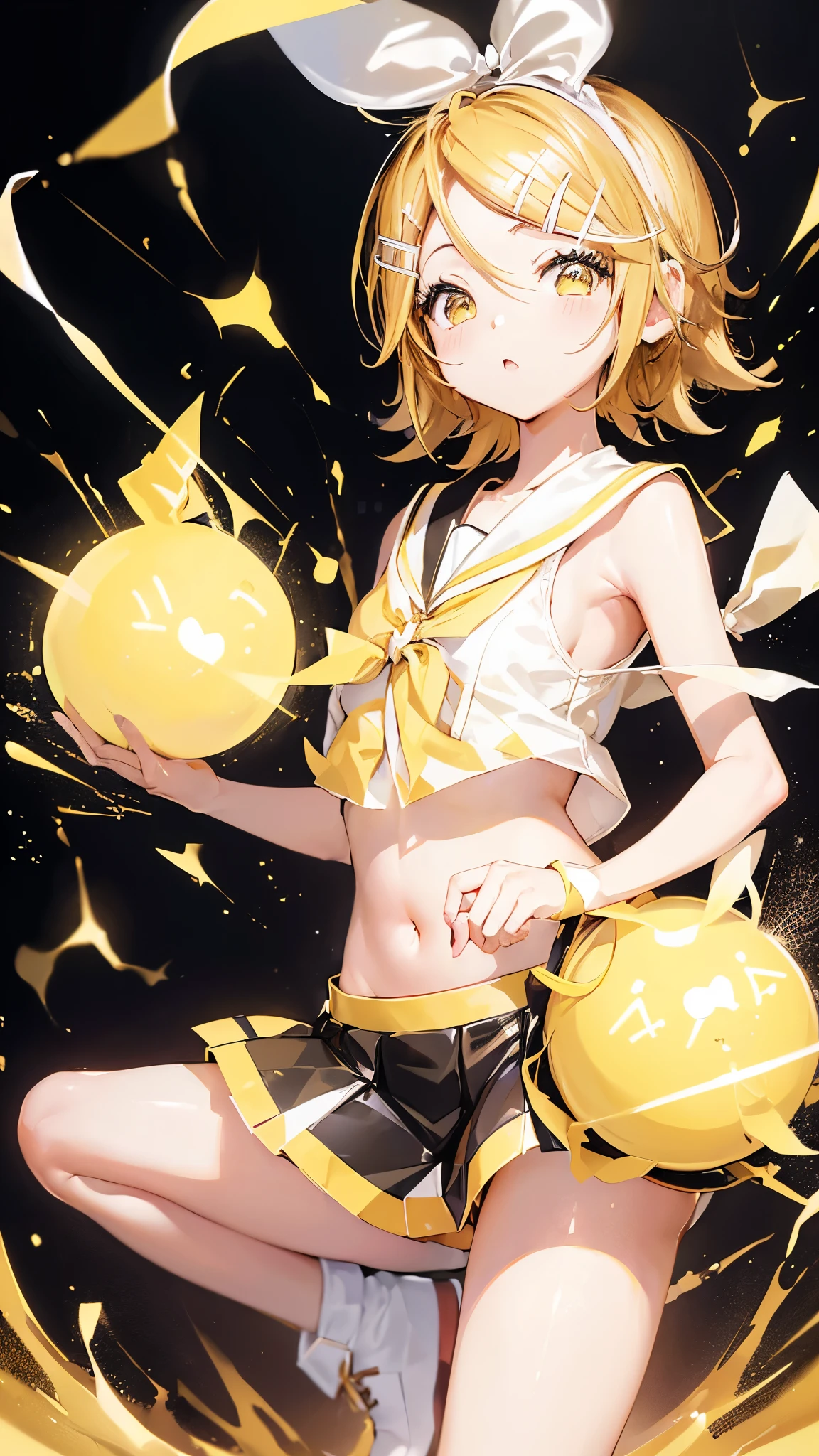 (((アニメ調cute顔))), ((((Kagamine Rin)))),Highest quality, (Sharp details), 8k, ((cute)), (looking at the camera),,cute貧乳、Nipples stand up、Show your belly button、Height 152 cm、(A sexy and seductive face)、Very big eyes、sparkling pupils、anatomically correct body、Thighs are normal、((Sleeveless sailor suit、White and yellow))((Ultra mini skirt))、White pants、Yellow patent leather boots、Light from the front、The face is bright、Shot in a modern school corridor、Crouching down to show off her panties