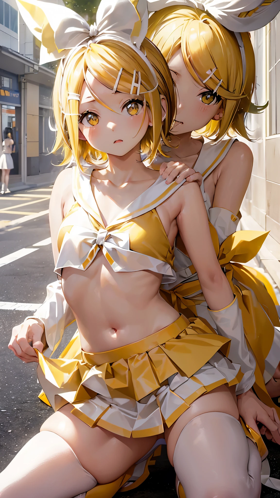 (((アニメ調cute顔))), ((((Kagamine Rin)))),Highest quality, (Sharp details), 8k, ((cute)), (looking at the camera),,cute貧乳、Nipples stand up、Show your belly button、Height 152 cm、(A sexy and seductive face)、Very big eyes、sparkling pupils、anatomically correct body、Thighs are normal、((Sleeveless sailor suit、White and yellow))((Ultra mini skirt))、White pants、Yellow patent leather boots、Light from the front、The face is bright、Shot in a modern school corridor、Crouching down to show off her panties
