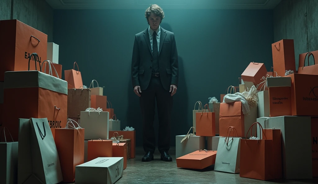 "Visualize a person surrounded by piles of shopping bags and luxury items, with a shadowy figure in the background representing societal pressure, highlighting the emptiness of consumerism."

