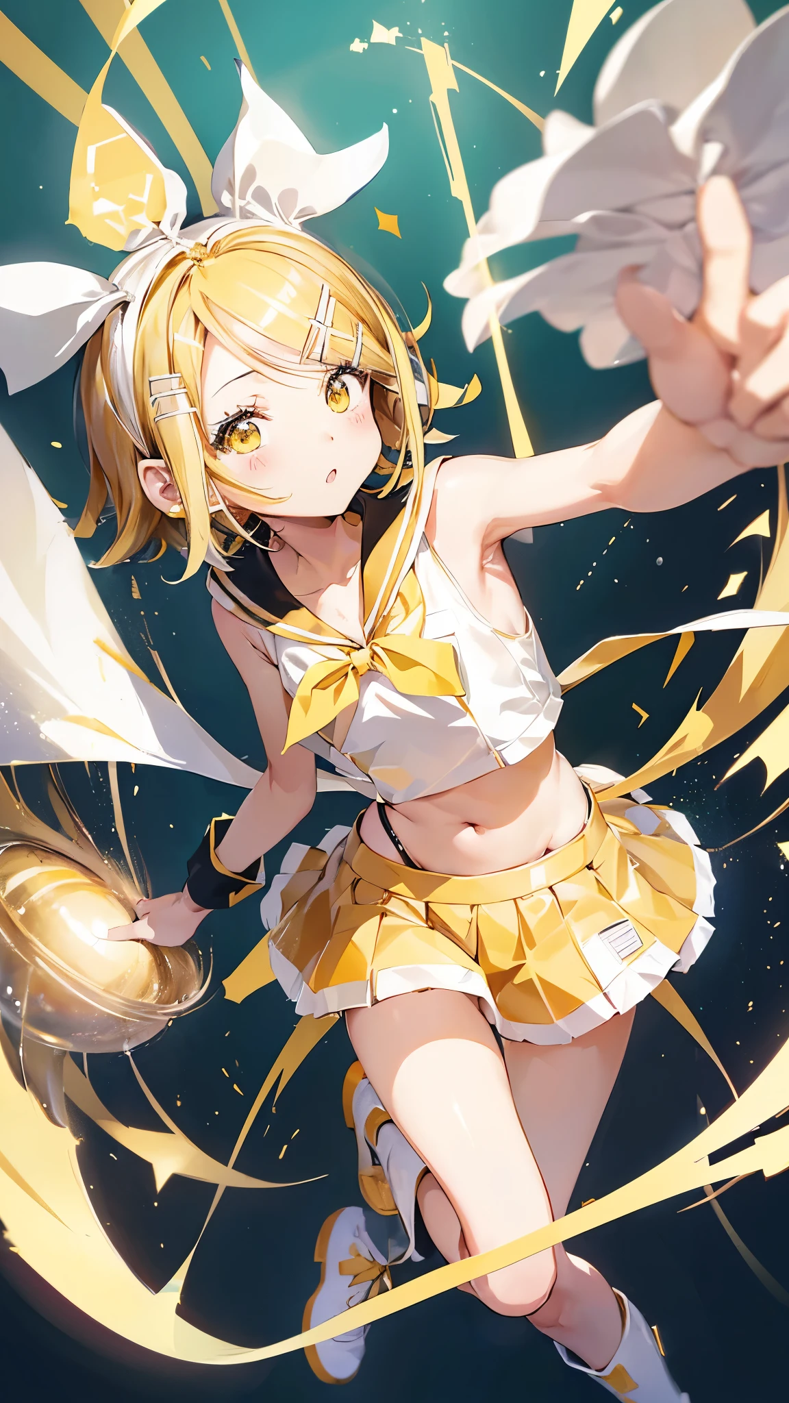 (((アニメ調cute顔))), ((((Kagamine Rin)))),Highest quality, (Sharp details), 8k, ((cute)), (looking at the camera),,cute貧乳、Nipples stand up、Show your belly button、Height 152 cm、（A sexy and seductive face）、Very big eyes、sparkling pupils、anatomically correct body、Thighs are normal、（（Sleeveless sailor suit、White and yellow））((Ultra mini skirt))、White pants、Yellow patent leather boots、Light from the front、The face is bright、Shot in a modern school corridor、Crouching down to show off her panties