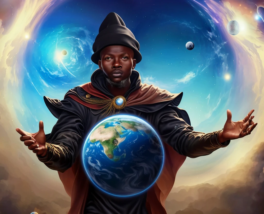 digital illustration style 2.5D of an African man in a black cap and cape, orbiting the universe and manipulating planet earth, lord of the universe, wizard of planet earth, protector of planets and galaxies, master of time, in the background the universe, on the ground there is smoke and fog, detailed hands