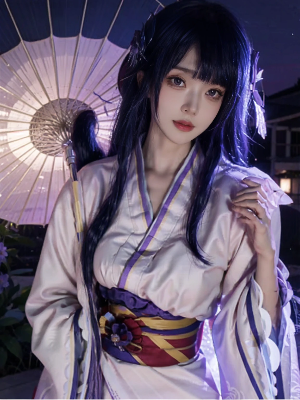 best quality, masterpiece, High Detail, Reflect light realistically, 1 girl, Upper Body, Shogun Raiden, (ulzzang-6500-v1.1:0.5), Large Breasts, Perfect face, Clear eyes, Longhair, Purple Hair, Hair accessories, Lightning sky, Night Sky, Ancient building in the background, Shallow depth of field, Looking at the audience,