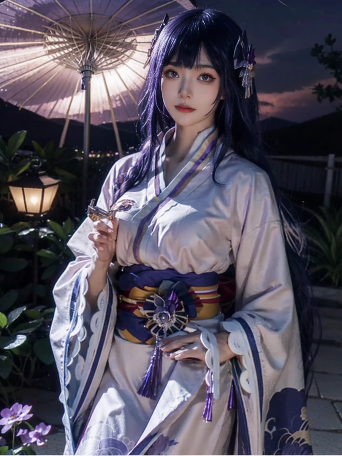 best quality, masterpiece, High Detail, Reflect light realistically, 1 girl, Upper Body, Shogun Raiden, (ulzzang-6500-v1.1:0.5), Large Breasts, Perfect face, Clear eyes, Longhair, Purple Hair, Hair accessories, Lightning sky, Night Sky, Ancient building in the background, Shallow depth of field, Looking at the audience,