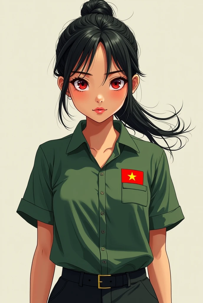 Draw a dynamic 18 year old girl She is wearing a green shirt on the left with a small Vietnamese flag on the chest and a pair of light black pants and red eyes and a ponytail, light black hair