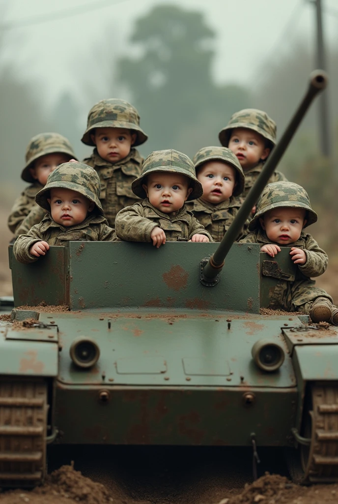 Seven very young newborn babies dressed in camouflage tank uniforms and military helmets drive a real military vehicle in a defensive position in a realistic full body action style.