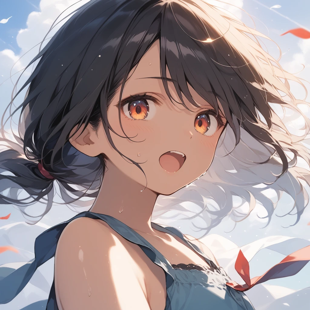 One Girl、Big Breasts、Black Hair、Long Hair、Straight Hair、Ahoge、high school student、smile、Dark blue eyes、Big eyes、Summer