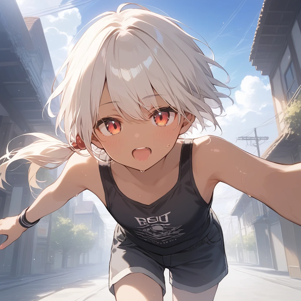 score_9, score_8_up, score_7_up, source_anime, best quality, masterpiece, official art, absurdres, highres, ultra-detailed,waifu2x,Collection: Slice of Life,break,1girl, tomboy, dark-skinned female, short hair, low ponytail, flat chest, beautiful detailed eyes, shorts, sweat, open mouth, (yawn:0.3), sleepily, outdoors, wind, (Detailed Lighting), (Detailed background),break,(clear line illustration:1.2), super detailed skin,very high resolution, very aesthetic, Best sexual lighting powered by famous artist, 8k, 16k, cute picture,beauty illustration,photoshop_(medium),,(Detailed Lighting),best anime 8k konachan wallpaper, pixiv contest winner,
