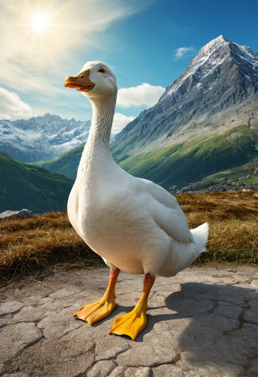 a realistic mythical creature made of duck, Goose and goat in front of a mountain range , (best quality,4K,8k,highres,masterpiece:1.2),Ultra-detail,(Realists,photoRealists,photo-Realists:1.37),elaborate details,cinematic lighting,The Fantasy,Digital Drawing, Very detailed,Film composition,keen focus,photoRealists,hyperRealists,mystical,Ethereal,fantastic,exhilarated,noticeable,dream-like,conceptual,imaginative