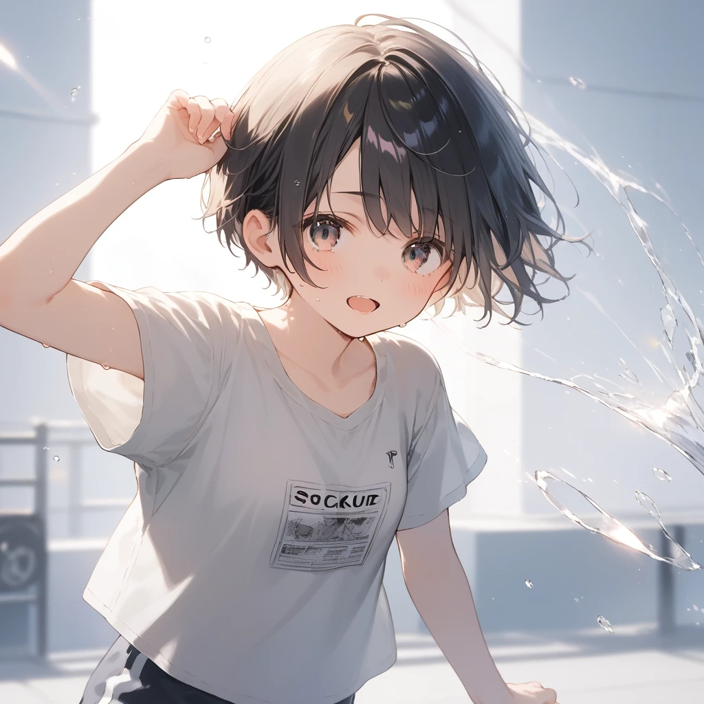 score_9, score_8_up, score_7_up, source_anime, best quality, masterpiece, official art, absurdres, highres, ultra-detailed,waifu2x,Collection: Slice of Life,break,1girl, short hair, pixie cut, flipped hair, small breasts, beautiful (well-shaped) breasts,beautiful detailed eyes, sweat, gym shorts, (wavy mouth:0.3), open mouth, outdoors, (Detailed Lighting), (Detailed background),break,(clear line illustration:1.2), super detailed skin,very high resolution, very aesthetic, Best sexual lighting powered by famous artist, 8k, 16k, cute picture,beauty illustration,photoshop_(medium),,(Detailed Lighting),best anime 8k konachan wallpaper, pixiv contest winner,
