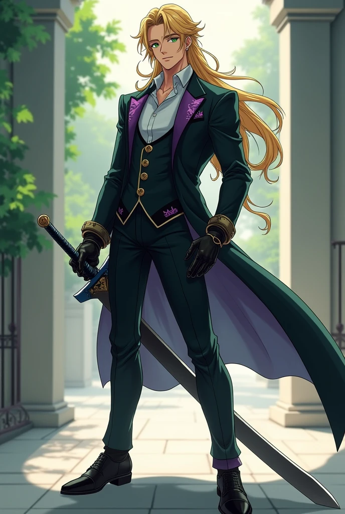 Anime boy with long blonde hair and green eyes holding a sword, handsome guy, Facial features reminiscent of Link from The Legend of Zelda, but wearing a black suit jacket with some purple details along with a simple cat symbol with black dress shoes, and carrying a long sword at his waist in the scabbard with his hand on the hilt holding it, of lean physique, but muscular,Tall anime man with green eyes in a pose that conveys happiness and love